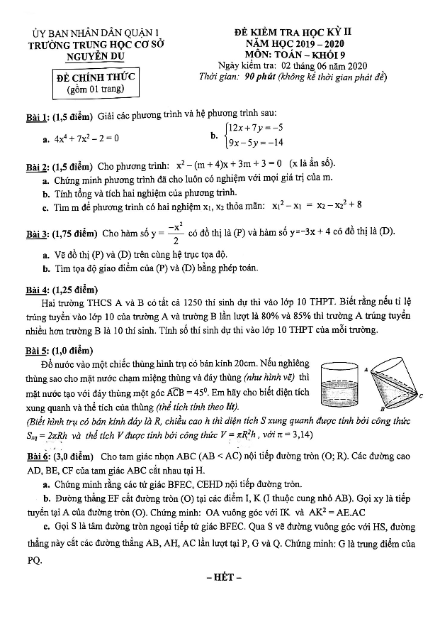 Đề thi học kỳ 2 Toán 9 năm 2019 – 2020 trường THCS Nguyễn Du – TP HCM