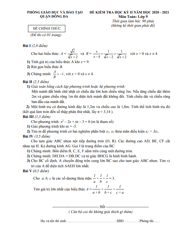 Đề thi học kỳ 2 Toán 9 năm 2020 – 2021 phòng GD&ĐT Đống Đa – Hà Nội