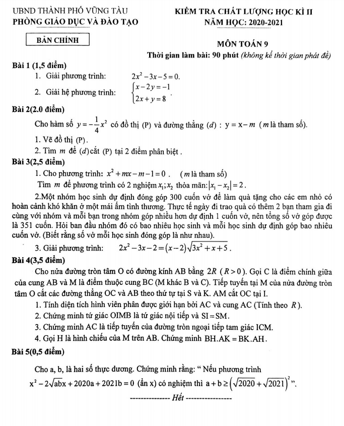 Đề thi học kỳ 2 Toán 9 năm 2020 – 2021 trường THCS Vũng Tàu – BR VT