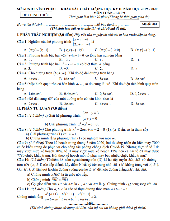 Đề thi học kỳ 2 Toán 9 năm học 2019 – 2020 sở GD&ĐT Vĩnh Phúc
