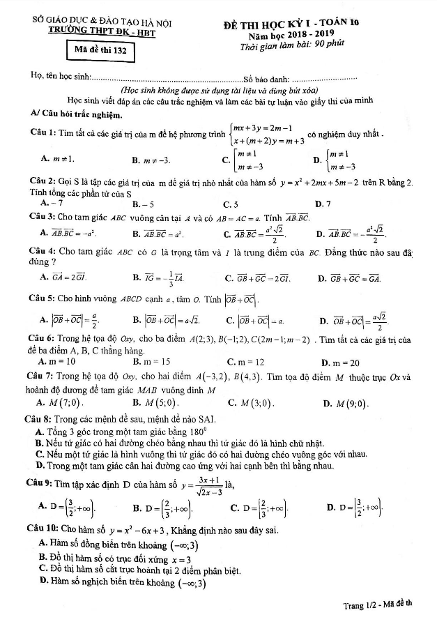 Đề thi học kỳ I Toán 10 năm 2018 – 2019 trường Đoàn Kết – Hai Bà Trưng – Hà Nội
