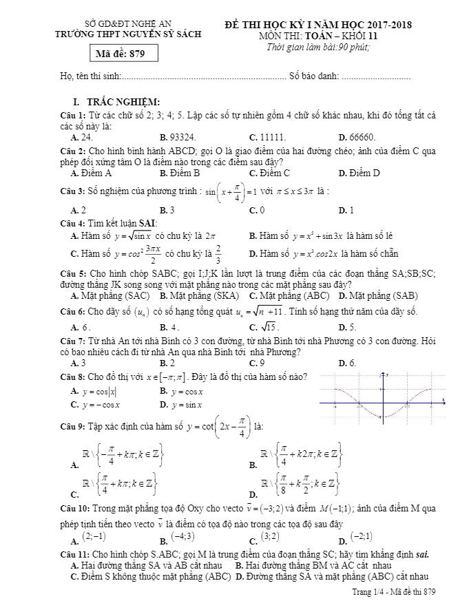 Đề thi học kỳ I Toán 11 năm học 2017 – 2018 trường THPT Nguyễn Sỹ Sách – Nghệ An