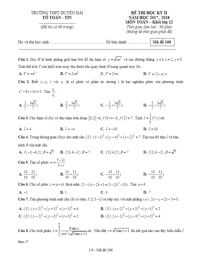 Đề thi học kỳ II Toán 12 năm 2017 – 2018 trường THPT Duyên Hải – Trà Vinh