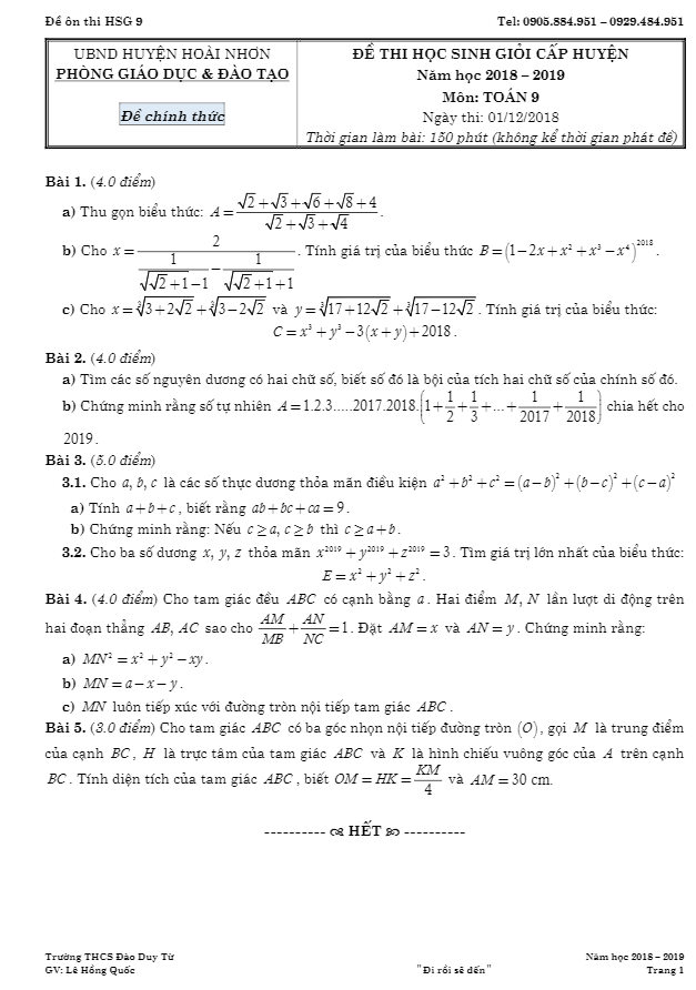 Đề thi học sinh giỏi cấp huyện Toán 9 năm 2018 – 2019 phòng GD&ĐT Hoài Nhơn – Bình Định