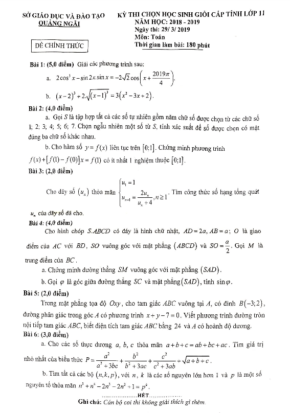 Đề thi học sinh giỏi cấp tỉnh Toán 11 năm 2018 – 2019 sở GD&ĐT Quảng Ngãi