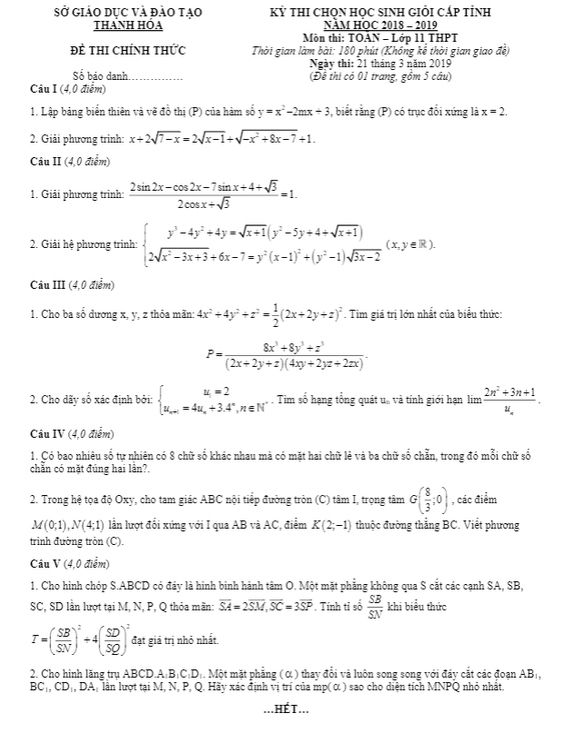 Đề thi học sinh giỏi cấp tỉnh Toán 11 THPT năm 2018 – 2019 sở GD&ĐT Thanh Hóa