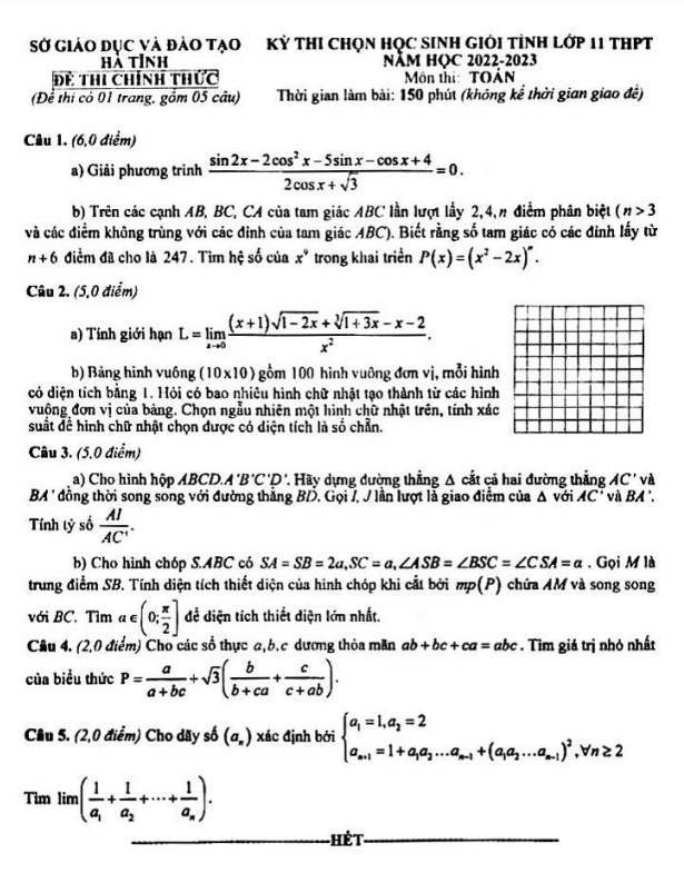 Đề thi học sinh giỏi tỉnh Toán 11 năm 2022 – 2023 sở GD&ĐT Hà Tĩnh