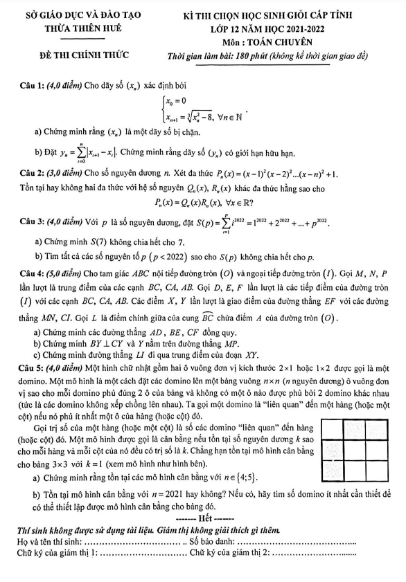 Đề thi học sinh giỏi tỉnh Toán 12 chuyên năm 2021 – 2022 sở GD&ĐT Thừa Thiên Huế