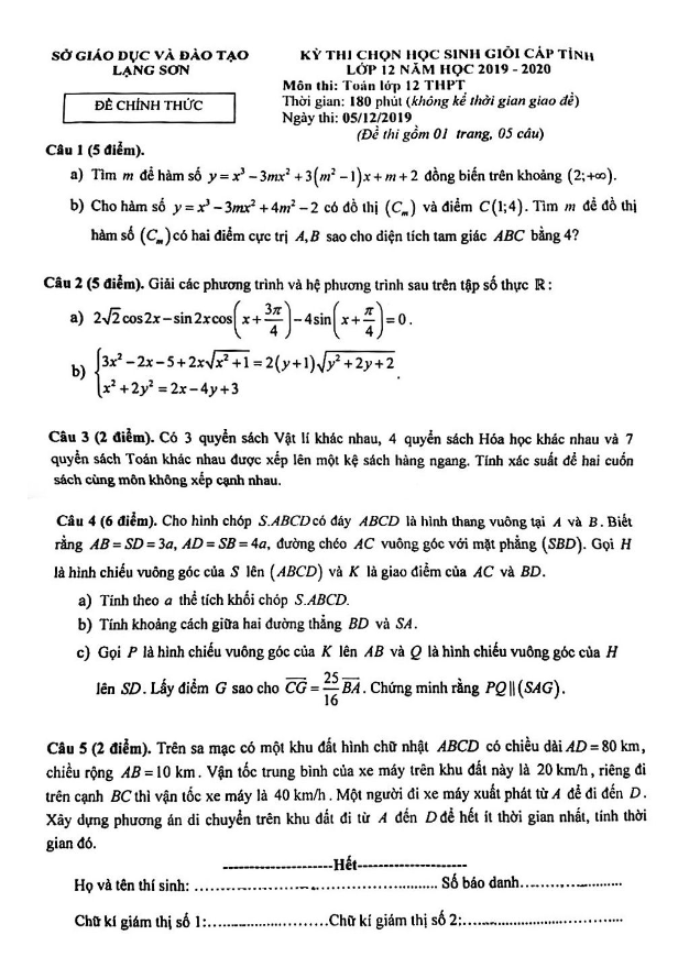 Đề thi học sinh giỏi tỉnh Toán 12 năm 2019 – 2020 sở GD&ĐT Lạng Sơn
