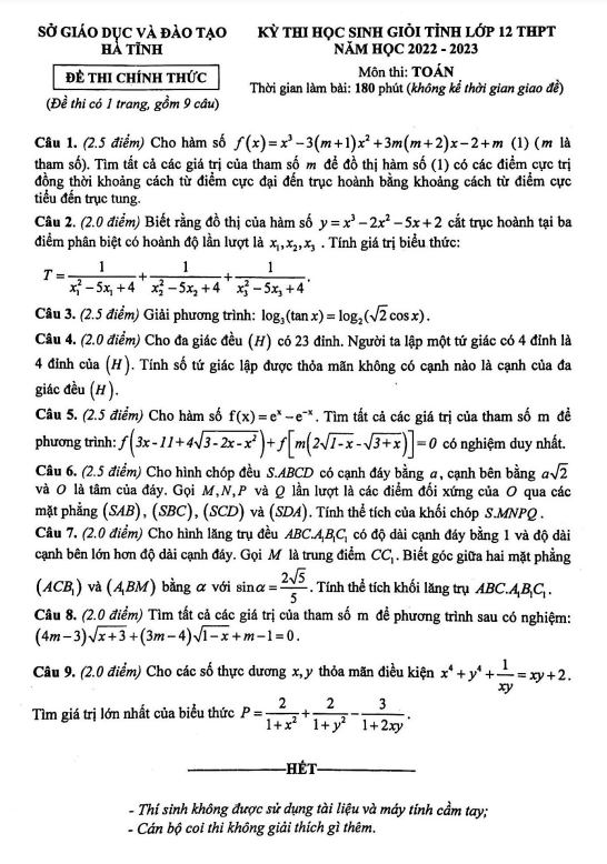 Đề thi học sinh giỏi tỉnh Toán 12 năm 2022 – 2023 sở GD&ĐT Hà Tĩnh
