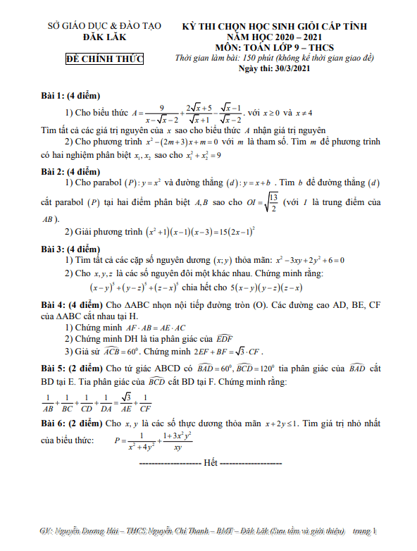 Đề thi học sinh giỏi tỉnh Toán 9 năm 2020 – 2021 sở GD&ĐT Đắk Lắk