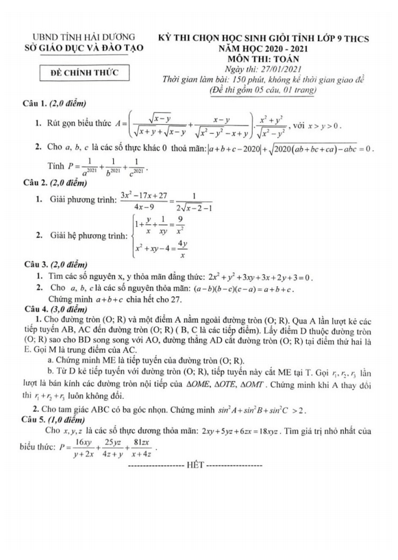 Đề thi học sinh giỏi tỉnh Toán 9 năm 2020 – 2021 sở GD&ĐT Hải Dương