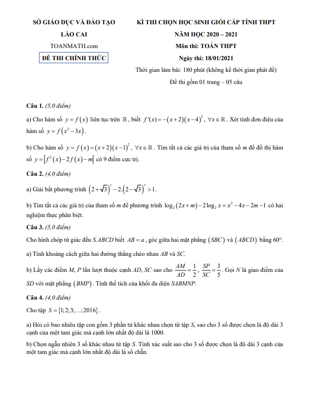 Đề thi học sinh giỏi tỉnh Toán THPT năm 2020 – 2021 sở GD&ĐT Lào Cai