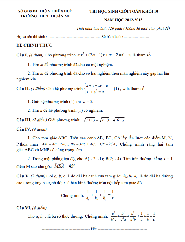 Đề thi học sinh giỏi Toán 10 năm 2012 – 2013 trường THPT Thuận An – TT Huế