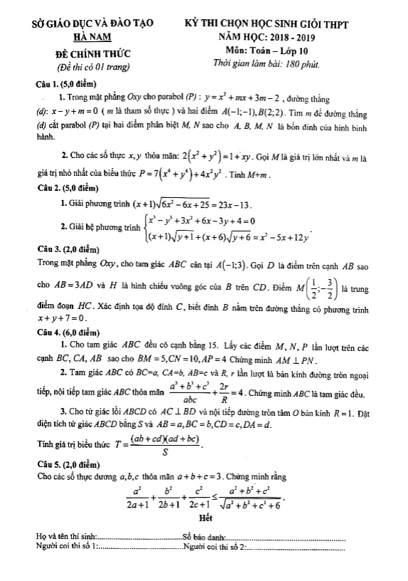 Đề thi học sinh giỏi Toán 10 THPT năm 2018 – 2019 sở GD&ĐT Hà Nam