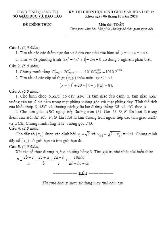 Đề thi học sinh giỏi Toán 12 năm 2020 – 2021 sở GD&ĐT Quảng Trị