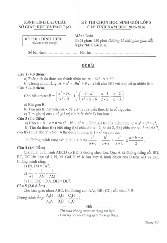 Đề thi học sinh giỏi Toán 8 cấp tỉnh năm 2015 – 2016 sở GD&ĐT Lai Châu