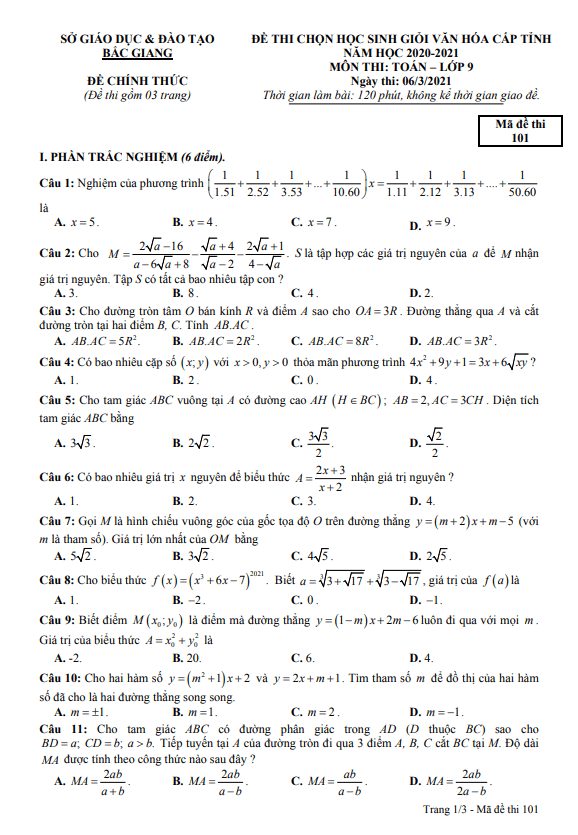 Đề thi học sinh giỏi Toán 9 cấp tỉnh năm 2020 – 2021 sở GD&ĐT Bắc Giang