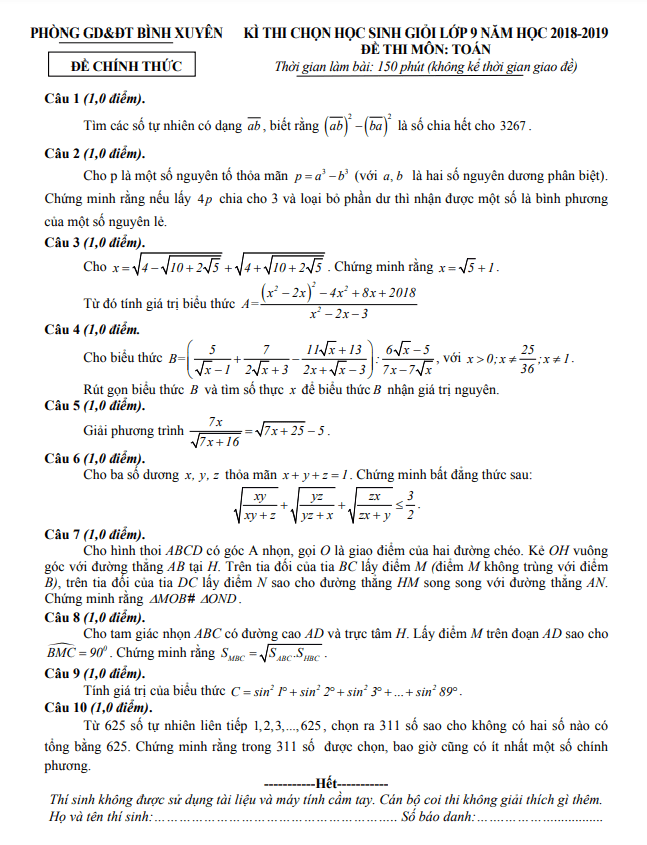 Đề thi học sinh giỏi Toán 9 năm 2018 – 2019 phòng GD&ĐT Bình Xuyên – Vĩnh Phúc