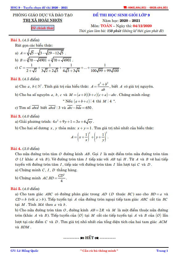 Đề thi học sinh giỏi Toán 9 năm 2020 – 2021 phòng GD&ĐT thị xã Hoài Nhơn – Bình Định