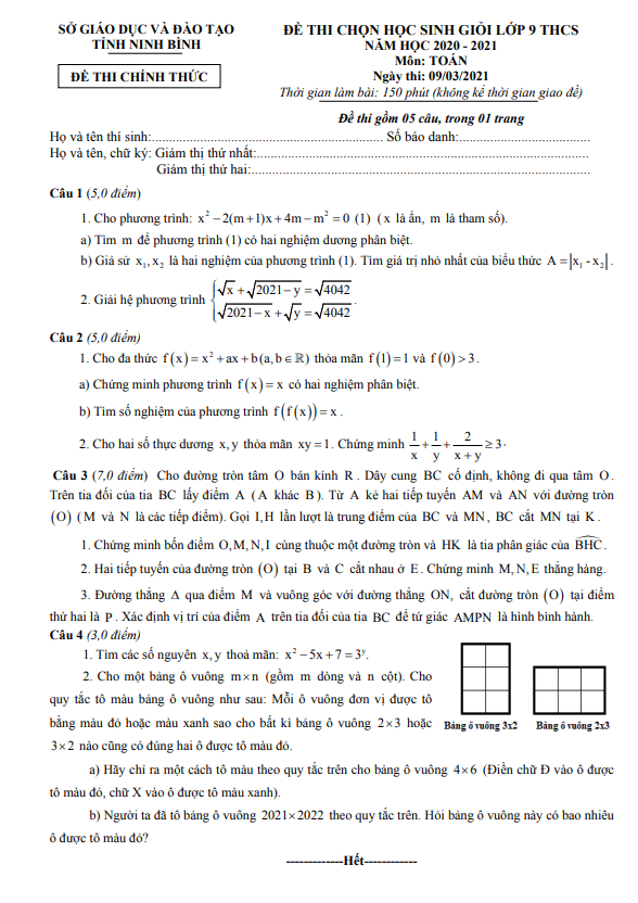 Đề thi học sinh giỏi Toán 9 năm 2020 – 2021 sở GD&ĐT Ninh Bình