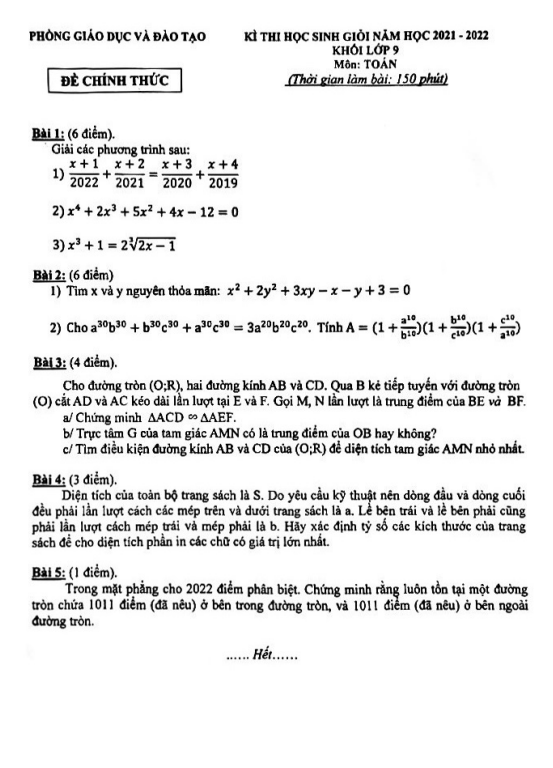 Đề thi học sinh giỏi Toán 9 năm 2021 – 2022 phòng GD&ĐT Đông Anh – Hà Nội