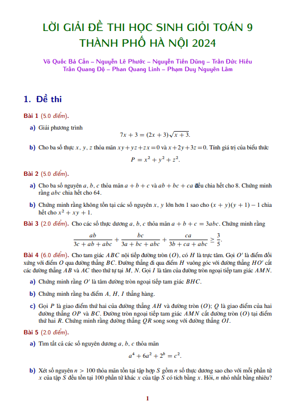 Đề thi học sinh giỏi Toán 9 năm 2023 – 2024 sở GD&ĐT Hà Nội