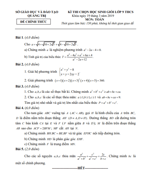 Đề thi học sinh giỏi Toán 9 THCS năm 2018 – 2019 sở GD&ĐT Quảng Trị