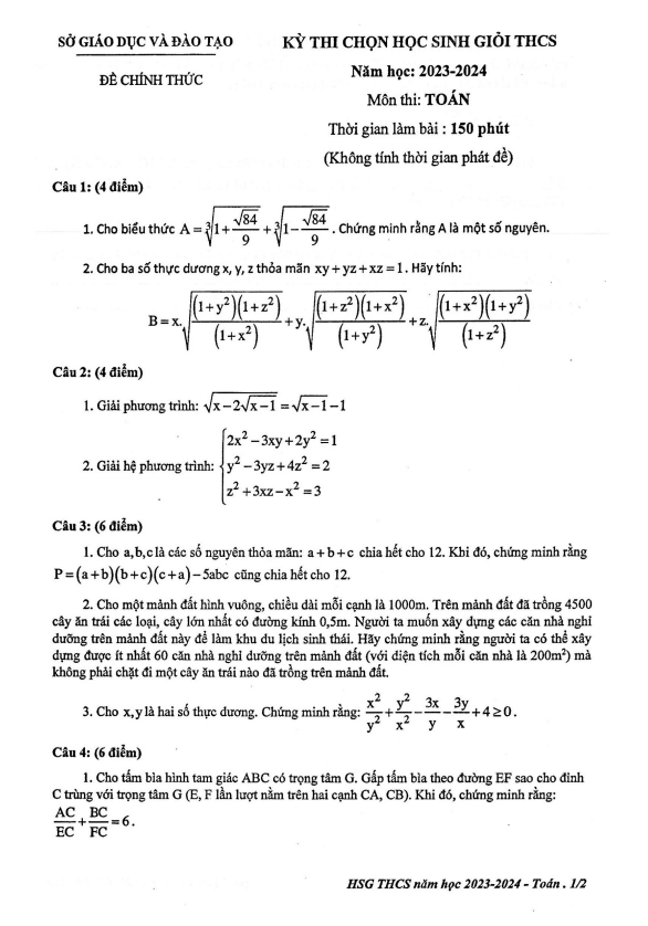 Đề thi học sinh giỏi Toán THCS năm 2023 – 2024 sở GD&ĐT Bình Dương