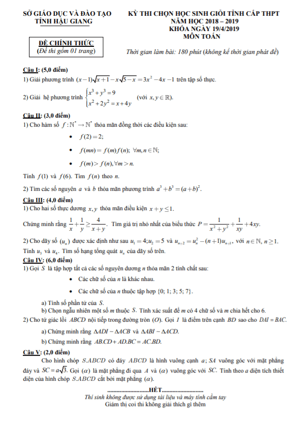 Đề thi học sinh giỏi Toán THPT cấp tỉnh năm 2018 – 2019 sở GD&ĐT Hậu Giang