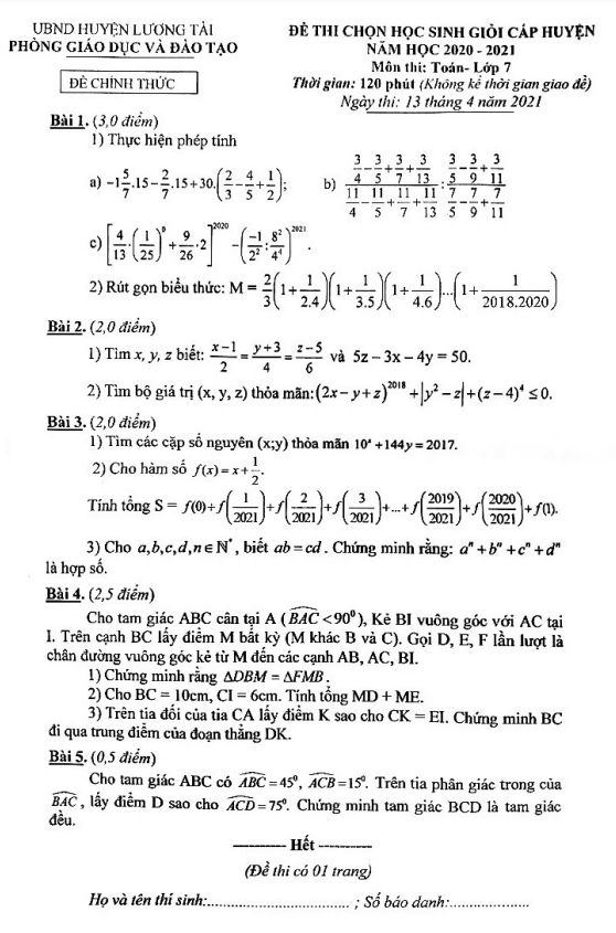 Đề thi HSG cấp huyện Toán 7 năm 2020 – 2021 phòng GD&ĐT Lương Tài – Bắc Ninh