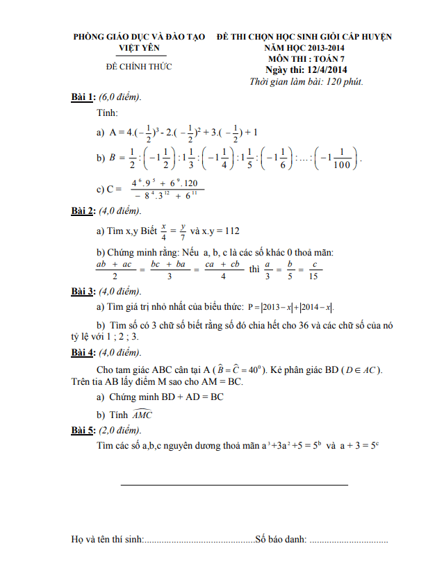 Đề thi HSG huyện Toán 7 năm 2013 – 2014 phòng GD&ĐT Việt Yên – Bắc Giang