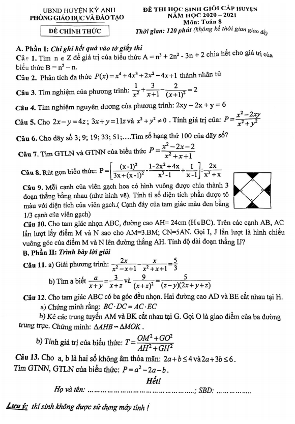 Đề thi HSG huyện Toán 8 năm 2020 – 2021 phòng GD&ĐT Kỳ Anh – Hà Tĩnh