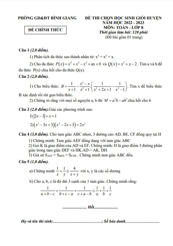 Đề thi HSG huyện Toán 8 năm 2022 – 2023 phòng GD&ĐT Bình Giang – Hải Dương