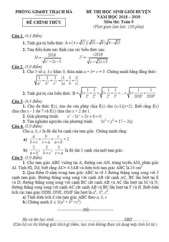 Đề thi HSG huyện Toán 9 năm 2018 – 2019 phòng GD&ĐT Thạch Hà – Hà Tĩnh