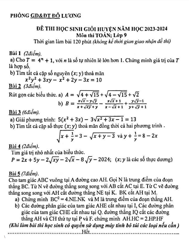 Đề thi HSG huyện Toán 9 năm 2023 – 2024 phòng GD&ĐT Đô Lương – Nghệ An