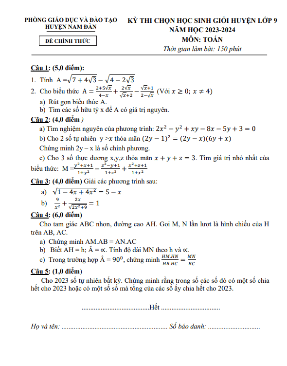Đề thi HSG huyện Toán 9 năm 2023 – 2024 phòng GD&ĐT Nam Đàn – Nghệ An