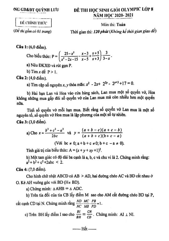 Đề thi HSG Olympic Toán 8 năm 2020 – 2021 phòng GD&ĐT Quỳnh Lưu – Nghệ An