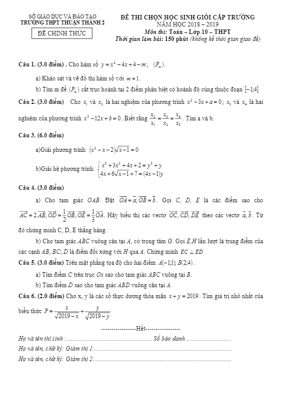 Đề thi HSG Toán 10 cấp trường năm 2018 – 2019 trường Thuận Thành 2 – Bắc Ninh