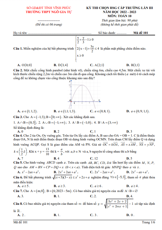 Đề thi HSG Toán 10 lần 3 năm 2022 – 2023 trường THPT Ngô Gia Tự – Vĩnh Phúc