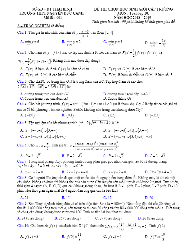Đề thi HSG Toán 10 năm 2018 – 2019 trường Nguyễn Đức Cảnh – Thái Bình