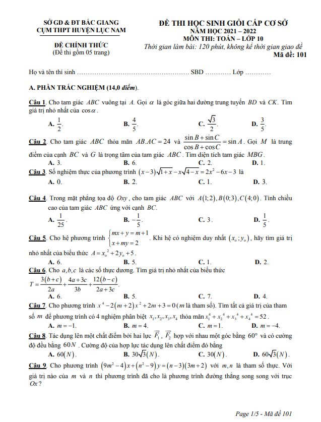Đề thi HSG Toán 10 năm 2021 – 2022 cụm THPT huyện Lục Nam – Bắc Giang