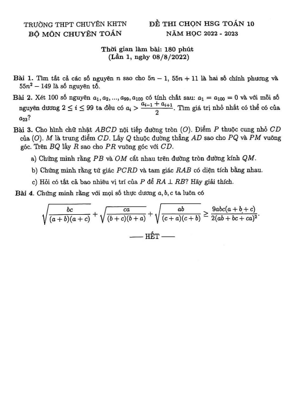 Đề thi HSG Toán 10 năm 2022 – 2023 lần 1 trường chuyên KHTN – Hà Nội