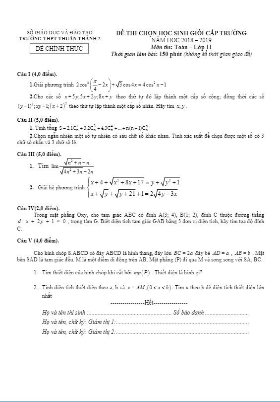 Đề thi HSG Toán 11 cấp trường năm 2018 – 2019 trường Thuận Thành 2 – Bắc Ninh
