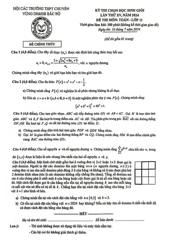 Đề thi HSG Toán 11 lần 15 năm 2024 hội các trường THPT chuyên DH&ĐB Bắc Bộ