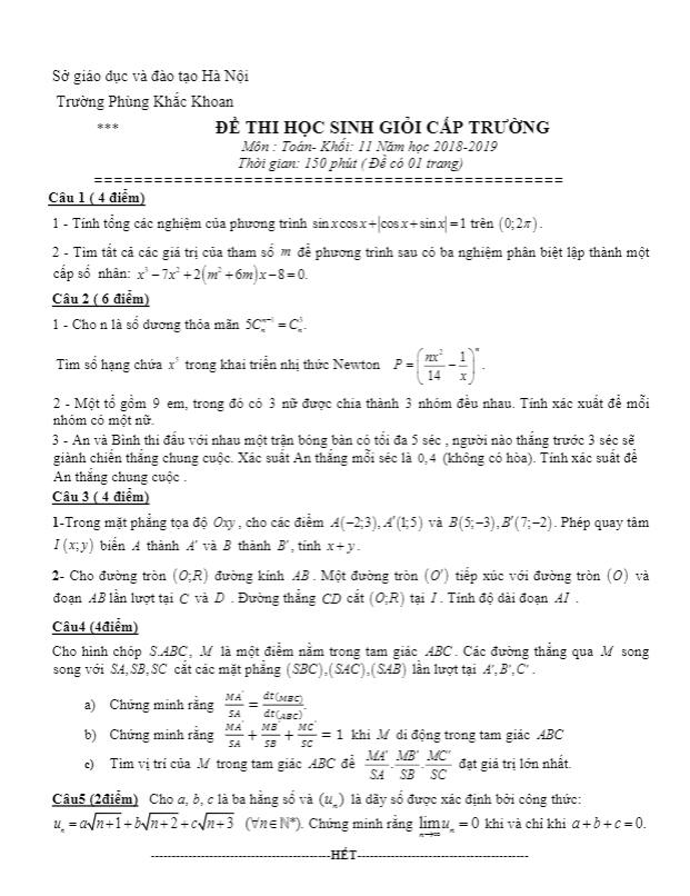 Đề thi HSG Toán 11 năm 2018 – 2019 trường Phùng Khắc Khoan – Hà Nội