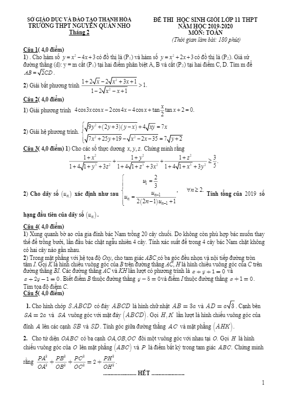 Đề thi HSG Toán 11 năm 2019 – 2020 trường Nguyễn Quán Nho – Thanh Hóa