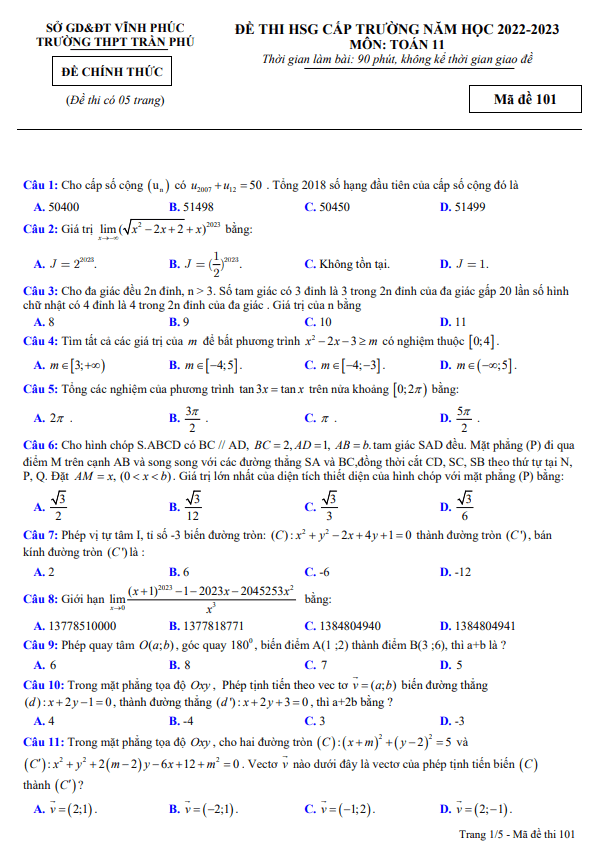 Đề thi HSG Toán 11 năm 2022 – 2023 trường THPT Trần Phú – Vĩnh Phúc