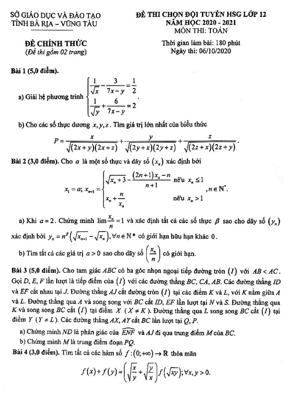 Đề thi HSG Toán 12 năm 2020 – 2021 sở GD&ĐT Bà Rịa – Vũng Tàu
