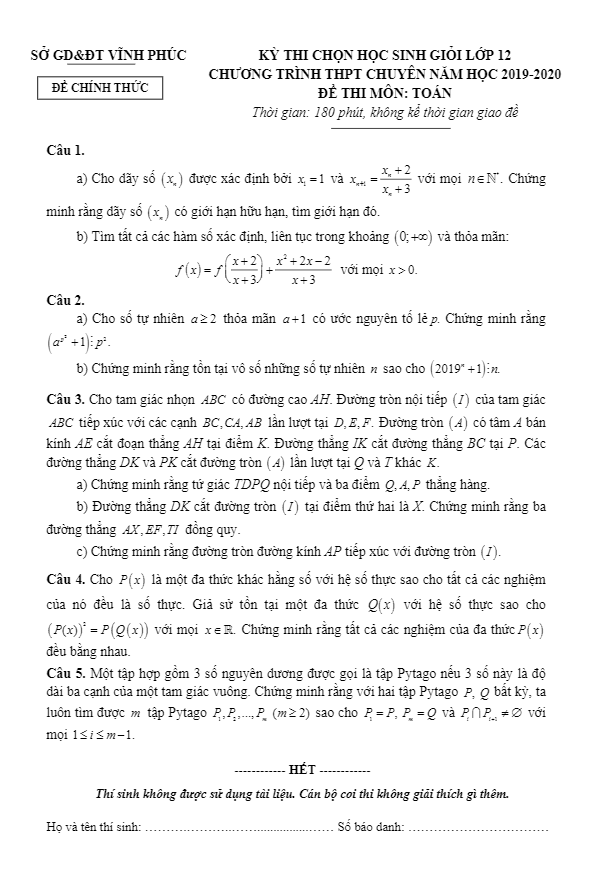 Đề thi HSG Toán 12 THPT chuyên năm học 2019 – 2020 sở GD&ĐT Vĩnh Phúc